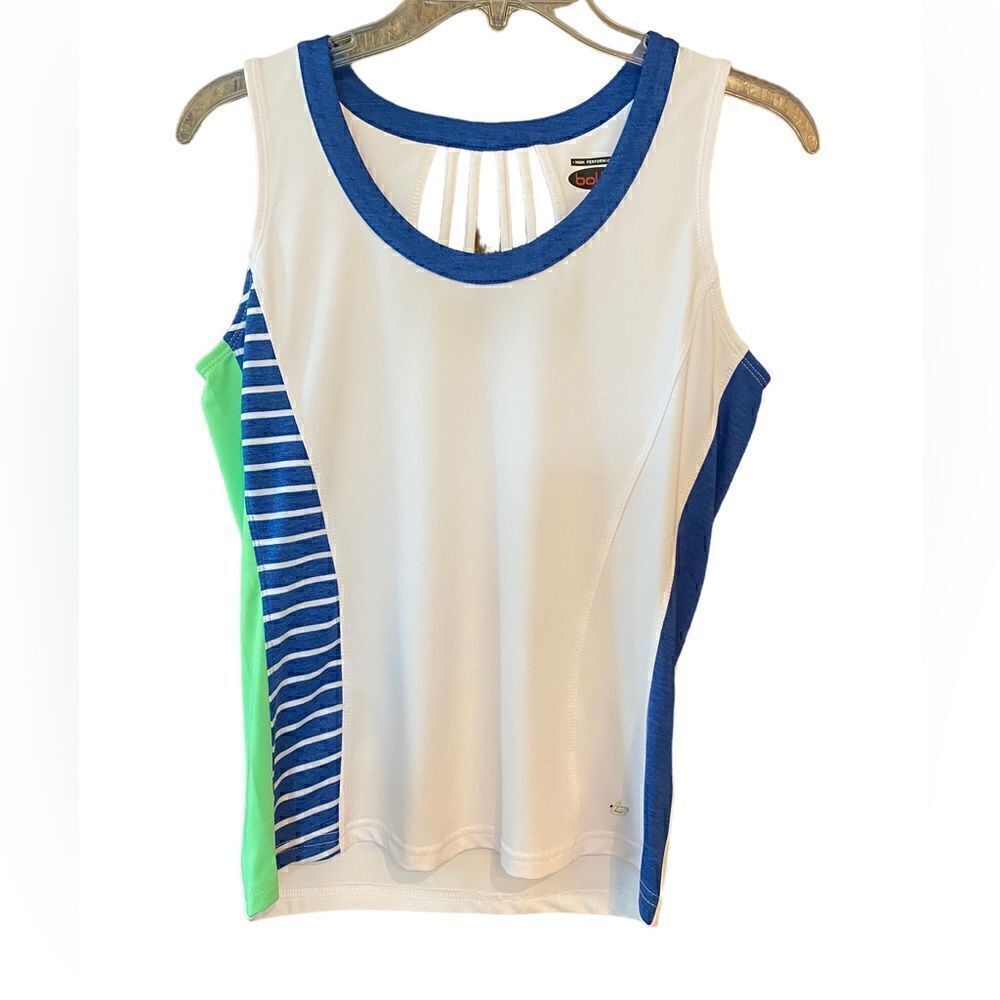 Bolle M White Blue Strappy Open Back Sleeveless Pickleball Golf Tennis Tank Top